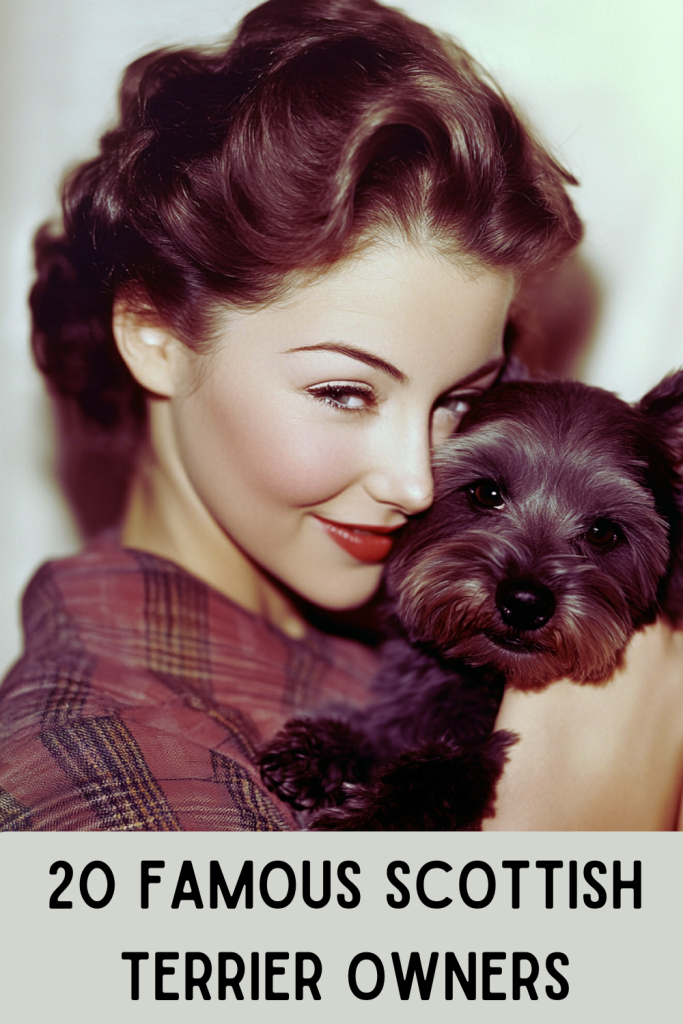 20 Famous Scottish Terrier Owners. A retro photo of an actress holding her Scottie puppy dog.