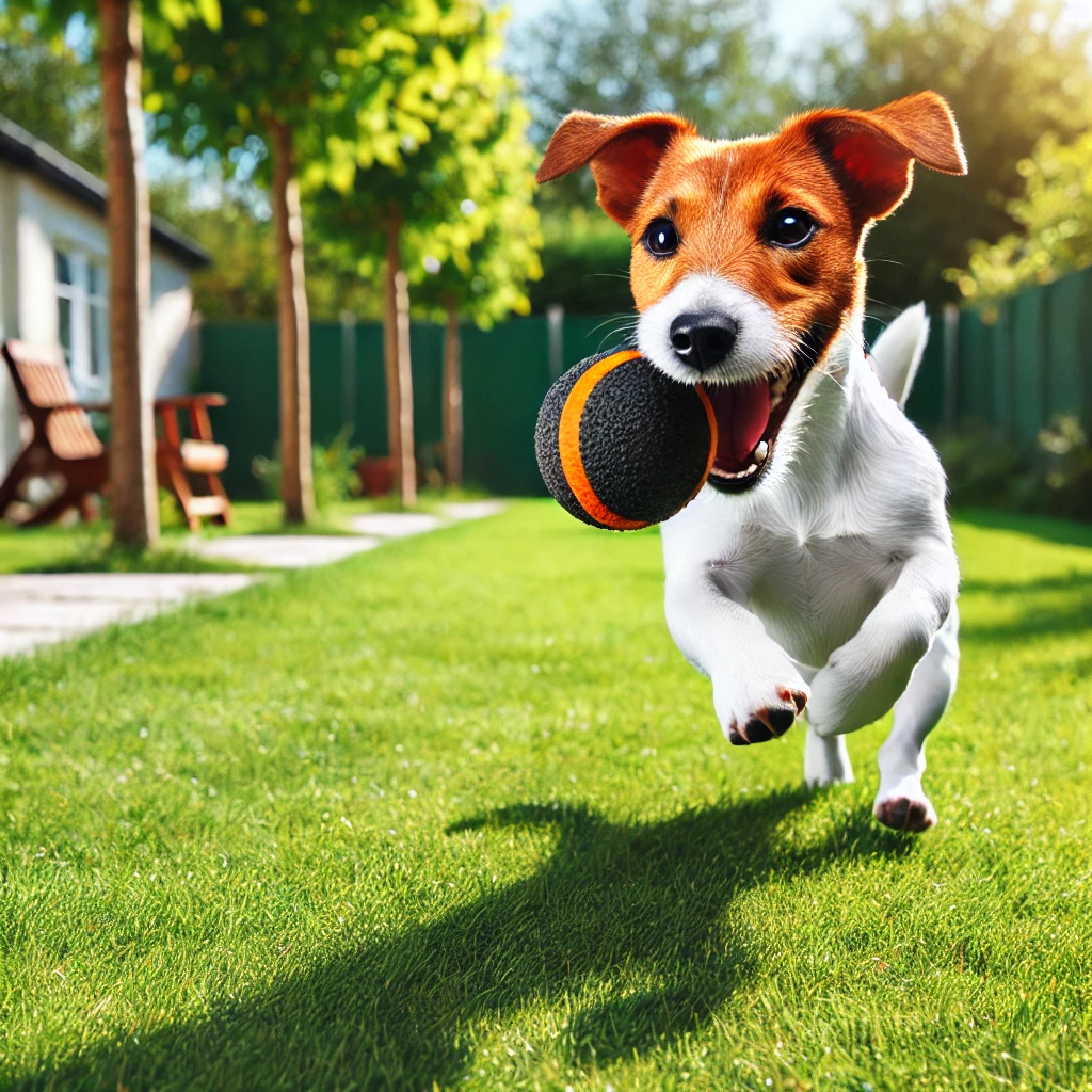 A Jack Russell Terrier energetically running in a green backyard with a ball in its mouth, surrounded by trees on a sunny day.