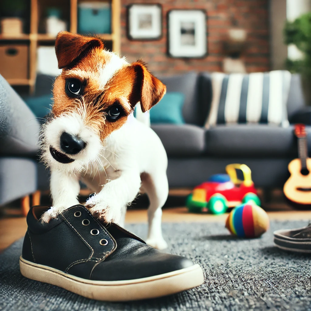 A mischievous Jack Russell Terrier chewing on a shoe in a modern living room, with scattered toys and a couch in the background.