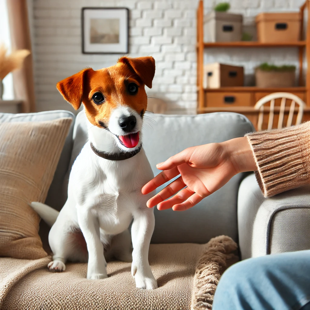 A playful Jack Russell Terrier sitting on a cozy couch, nudging a person's hand for pets in a bright, homey living room.