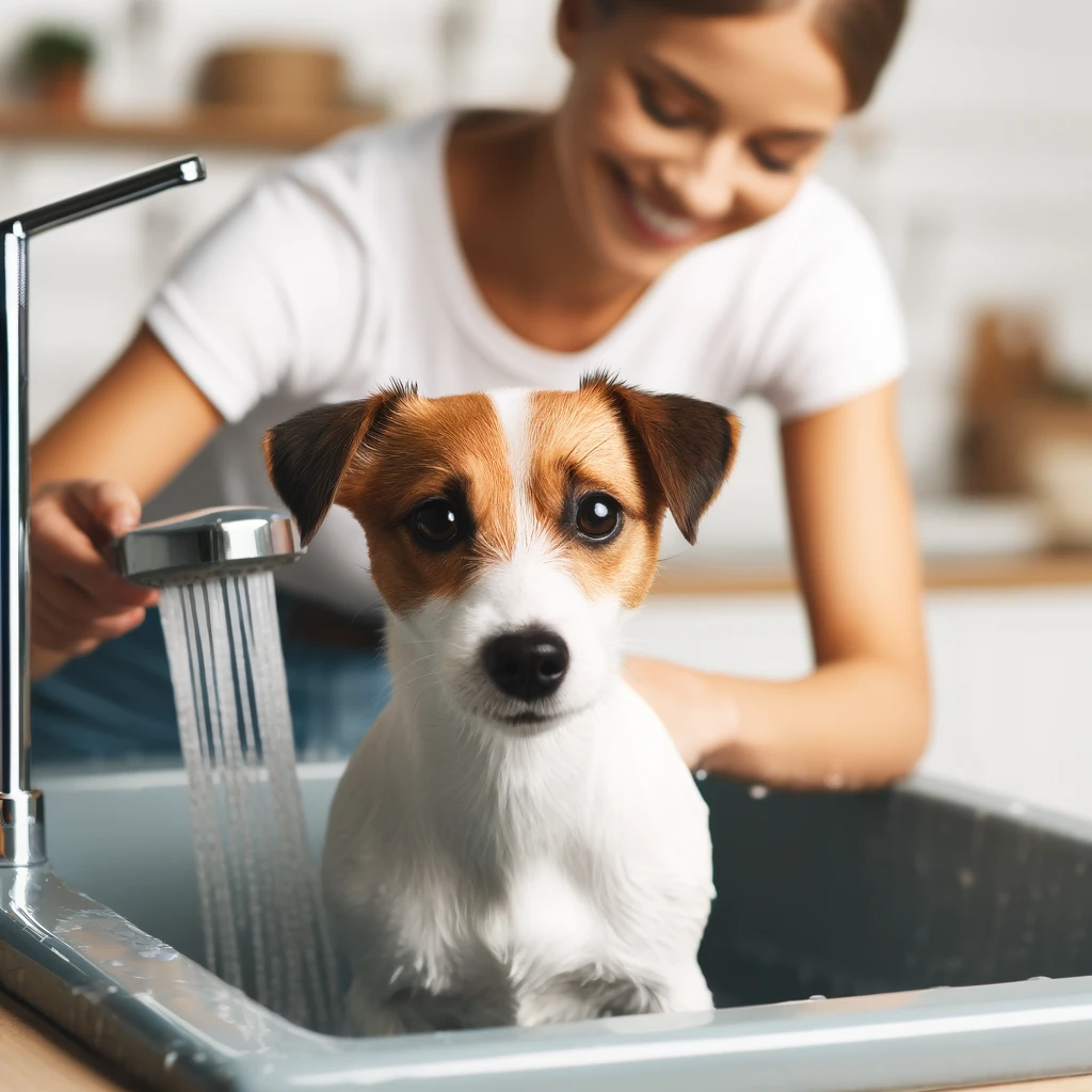 A Jack Russell Terrier being bathed in a sink, looking calm while water is poured gently on its back in a clean, modern bathroom.