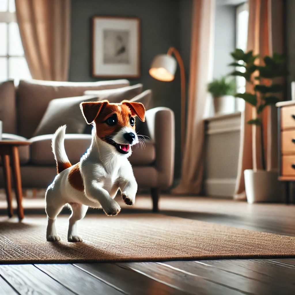 A Jack Russell Terrier running in circles on a wooden floor inside a cozy living room, with a couch in the background and warm lighting.