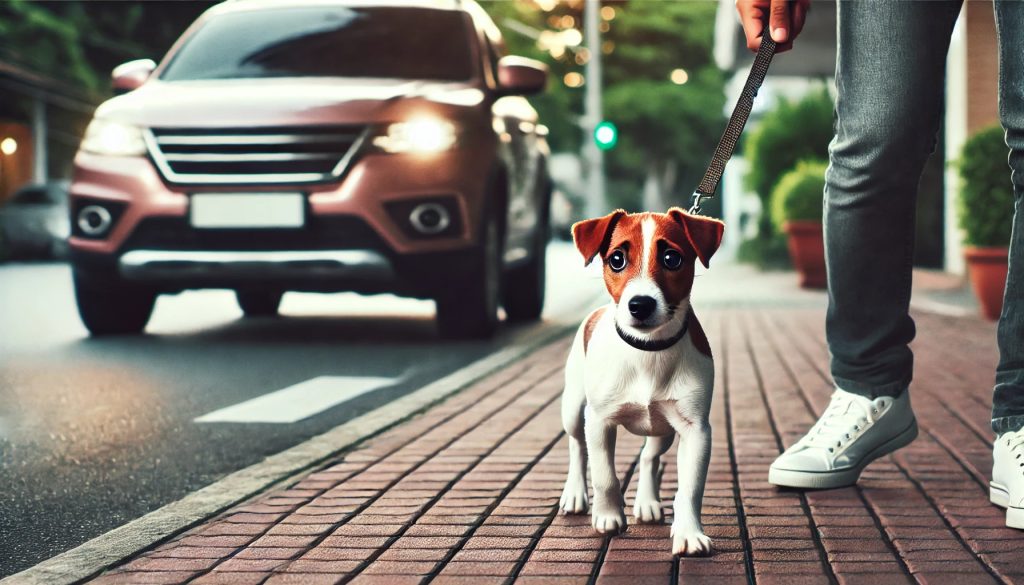 A Jack Russell Terrier walking nervously on a sidewalk while a car passes by in the background.