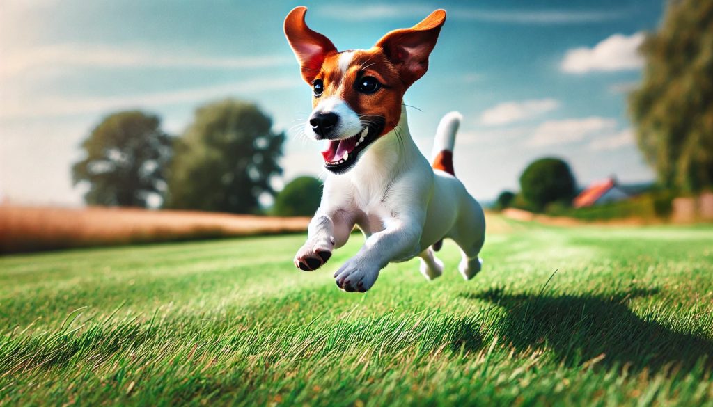A Jack Russell Terrier running at full speed across a large grassy field, with its ears flopping in the wind. The background features trees and a bright blue sky, emphasizing the dog's energy and need for speed.