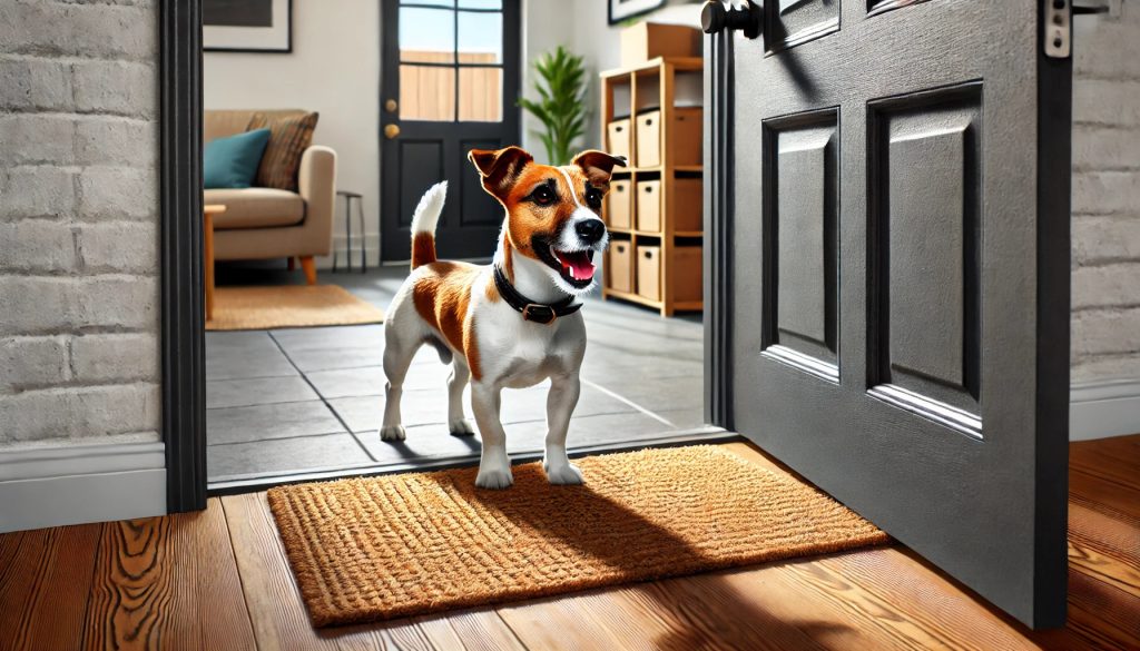 A Jack Russell Terrier standing alert at a doorway, barking at an unfamiliar visitor outside. The scene shows a modern entryway with a welcome mat and a partly open door.
