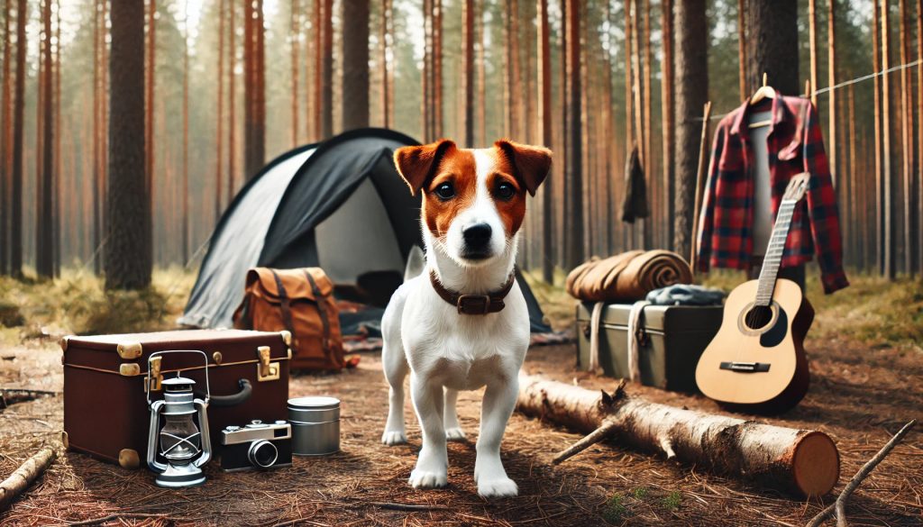 A Jack Russell Terrier standing cautiously in a new environment, surrounded by unfamiliar objects like a tent and camping gear. The dog looks alert and slightly wary, with a forest in the background.