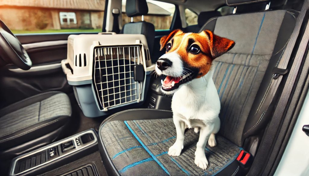 A Jack Russell Terrier sitting inside a car