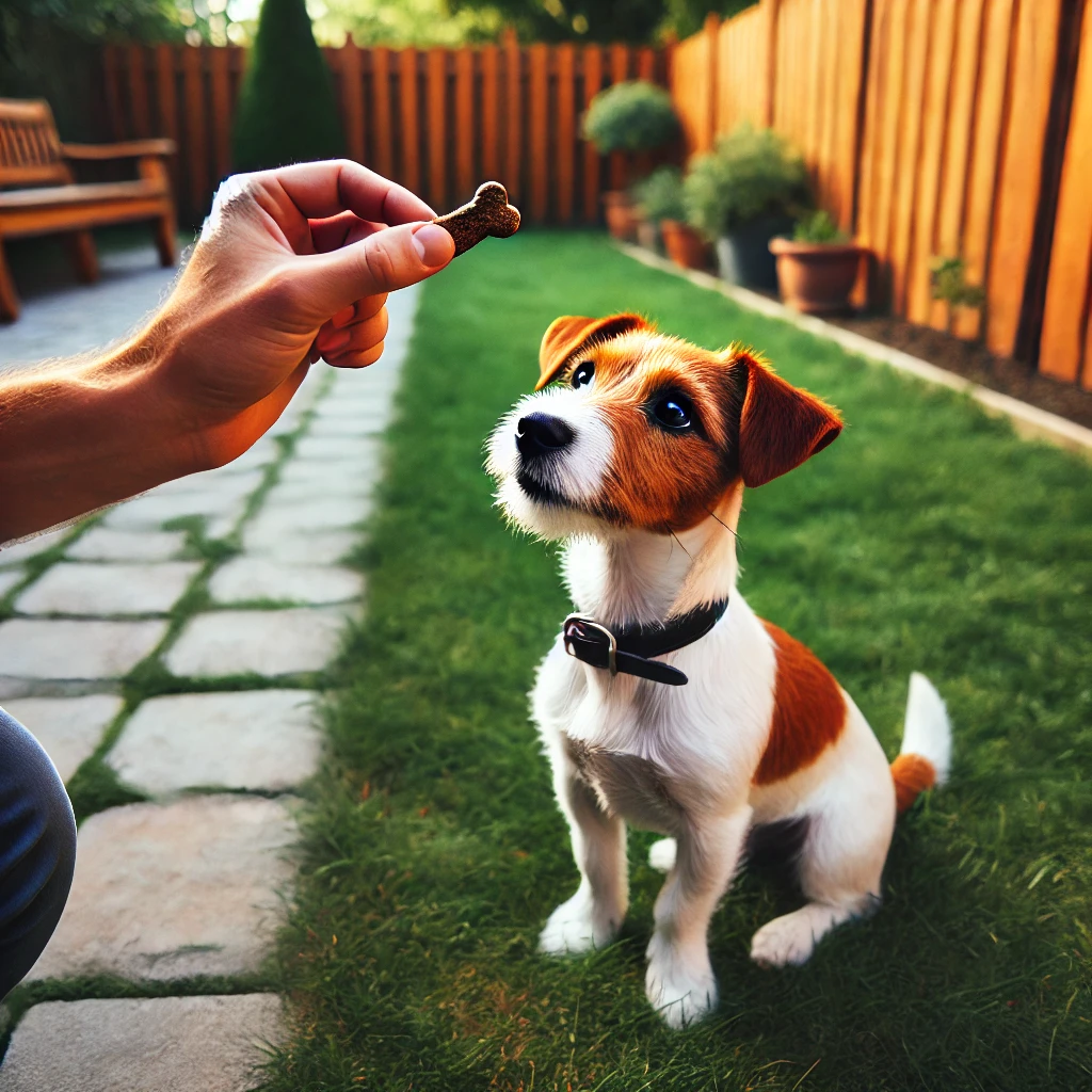 A Jack Russell Terrier sitting attentively in a backyard, looking up at its owner during a training session with a treat in hand.