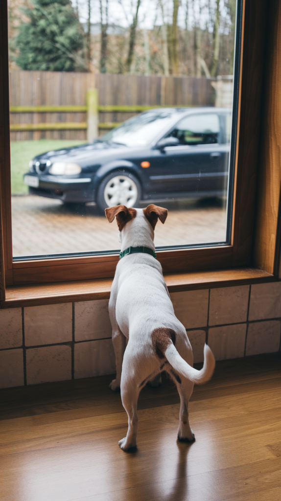 Jack Russell Terrier looking out the window at a car in the driveway