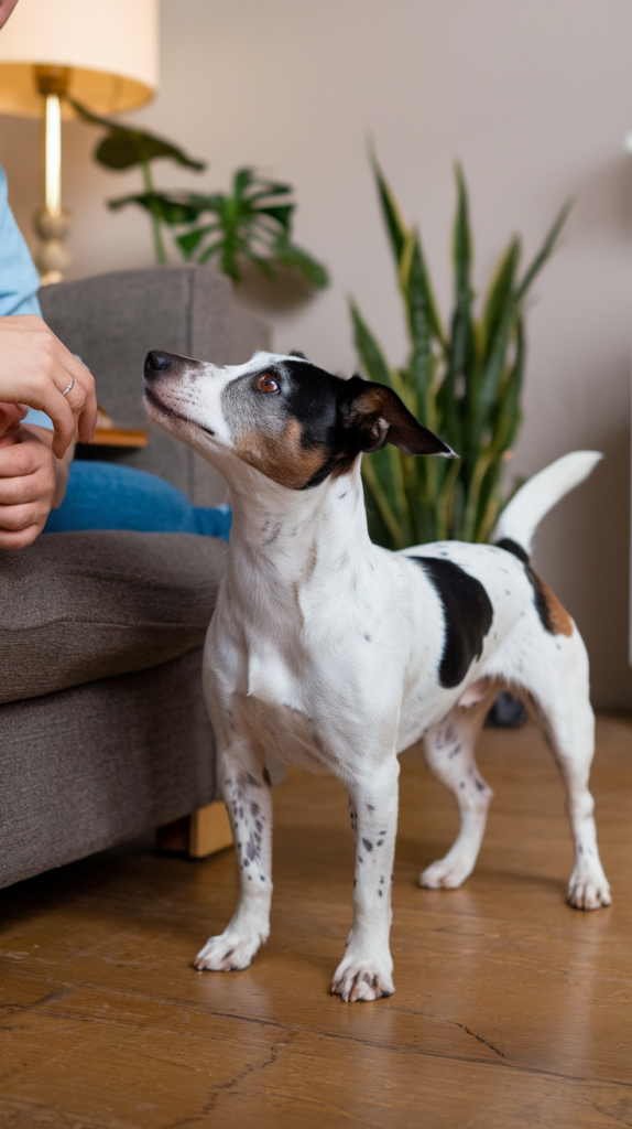 Jack Russell Terrier staring at a person sitting on the couch