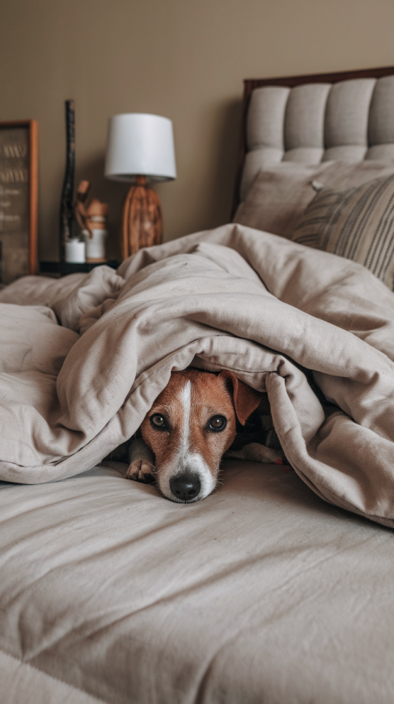 Jack Russell Terrier peaking head of of the blankets on a bed