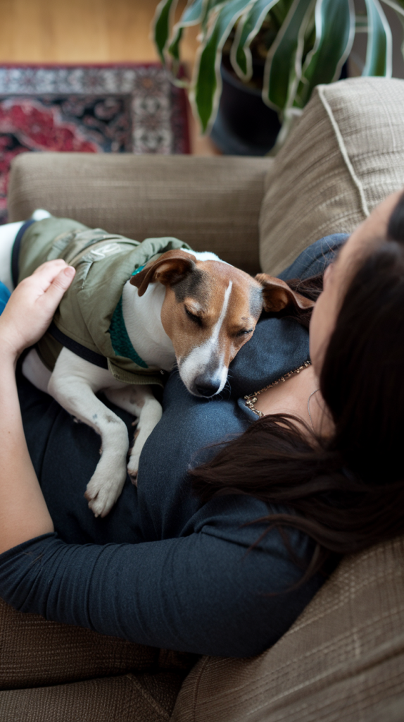 Jack Russell cuddling with their owner on the couch