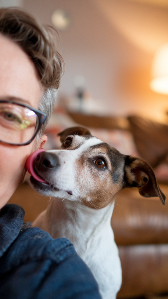 Selfie of a Jack Russell Terrier licking a man's face
