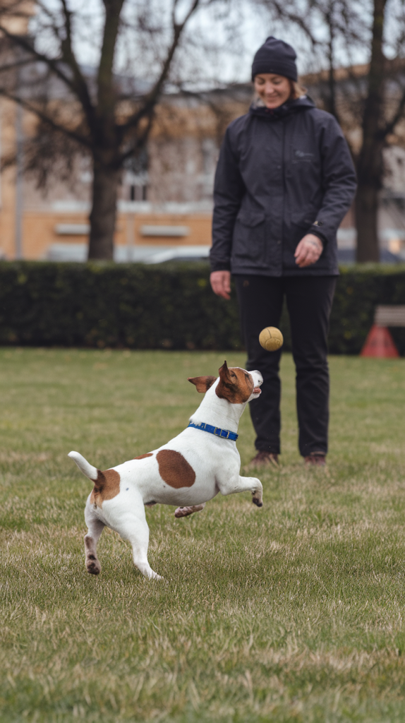 Person playing fetch with their jack russell terrier in a park