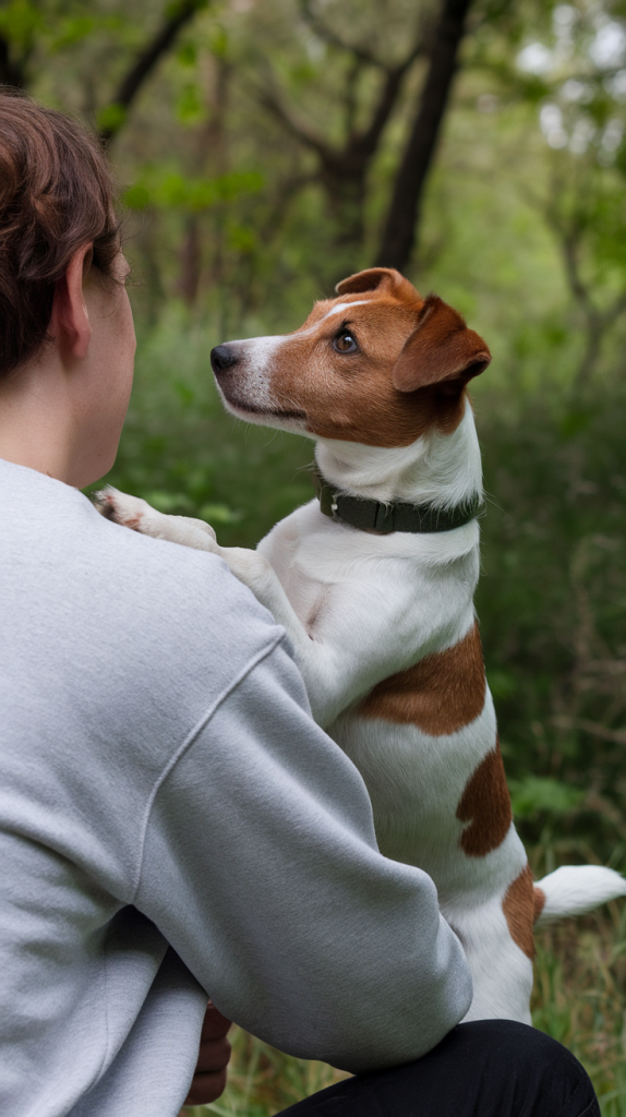 Jack Russell Terrier with their paws on a person's shoulder