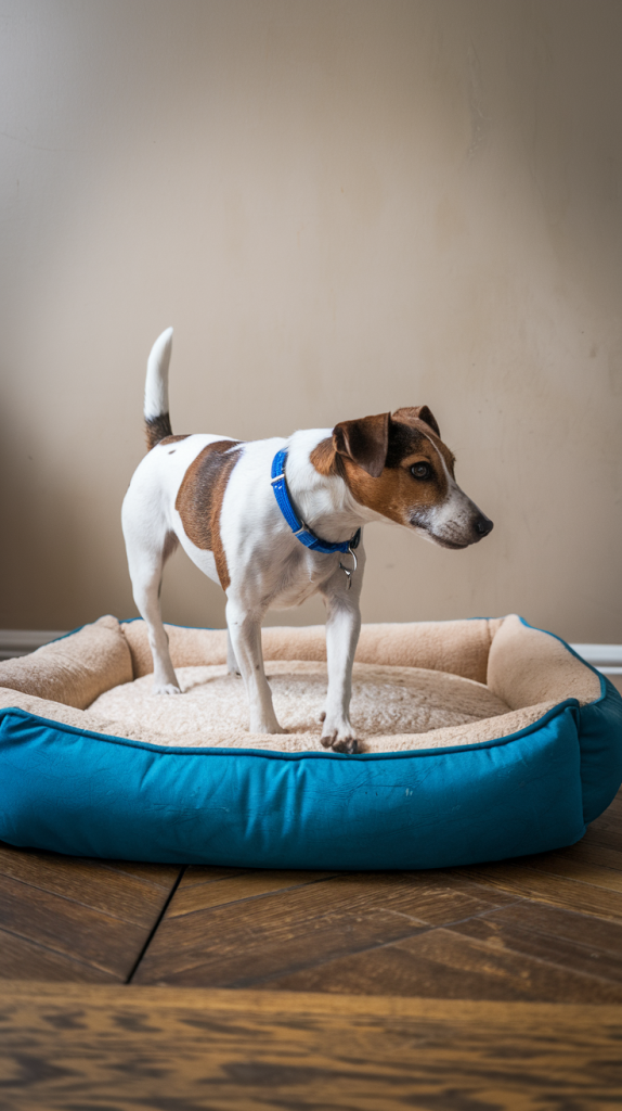 Jack Russell Terrier standing on a dog bed