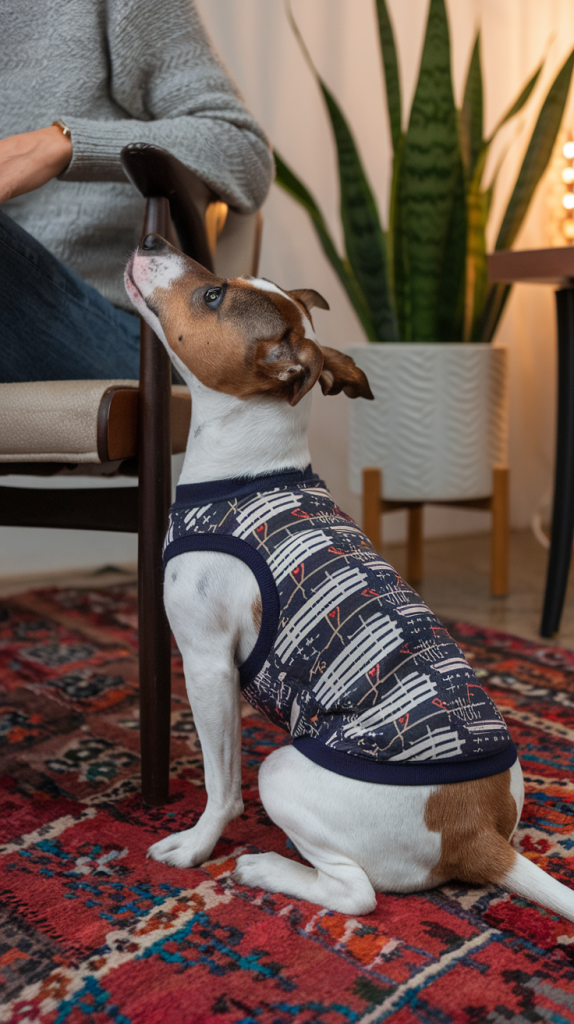 Jack Russell Terrier staring up at a person sitting in a chair
