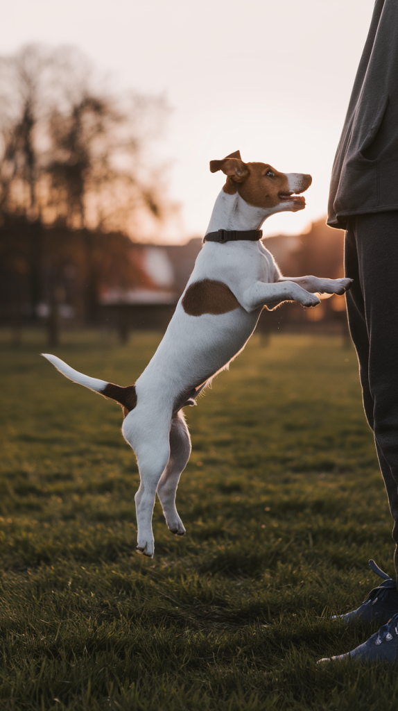 Jack Russell Terrier jumping on a person outside at dusk