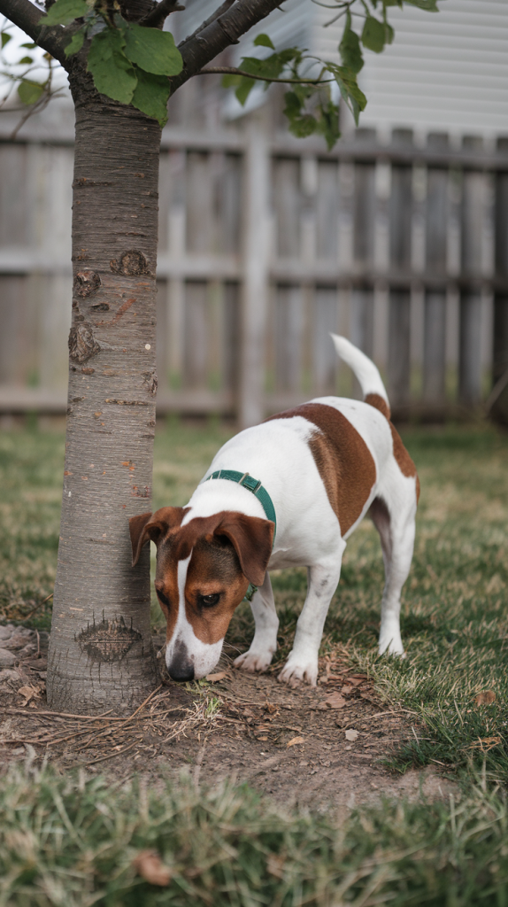 Jack Russell Terrier sniffing under a tree in a yard
