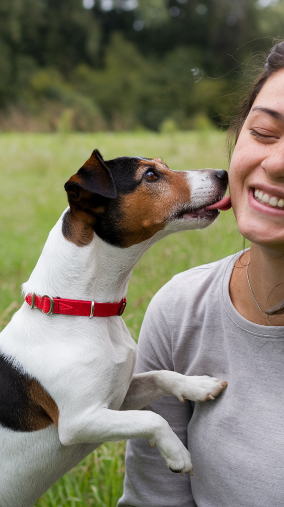 Jack Russell Terrier licking a woman's face