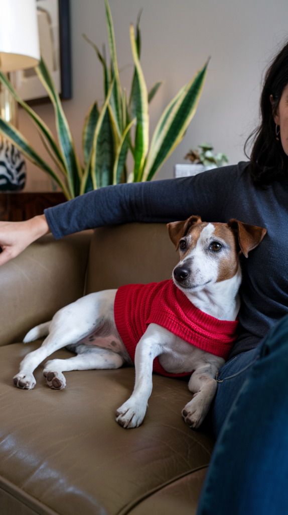 Jack Russell Terrier wearing a red sweater laying on the couch next to a person