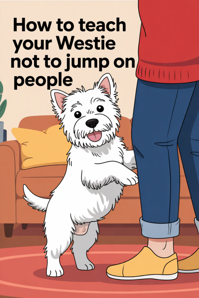Cartoon image of a West Highland White Terrier (Westie dog) jumping up on a person's legs. Text reads "How to Teach Your Westie Not to Jump on People"