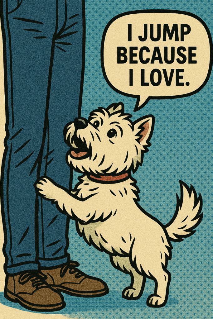Comic of a West Highland Terrier dog jumping on a person's legs. The dogs says, "I Jump Because I Love."