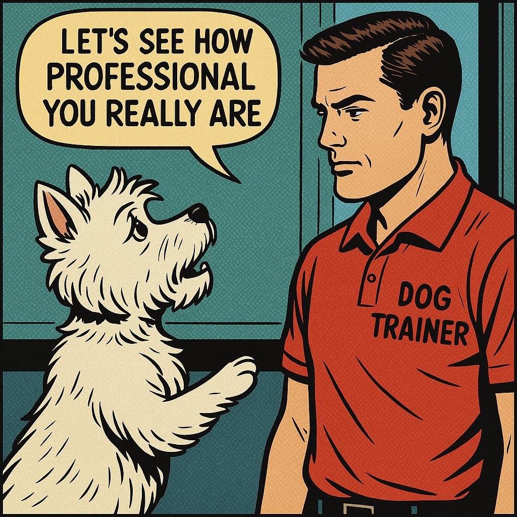 Comic of a Westie dog talking to a dog trainer saying, "Let's See How Professional You Really Are"